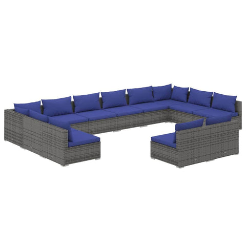 12 Piece Garden Lounge Set with Cushions Grey Poly Rattan