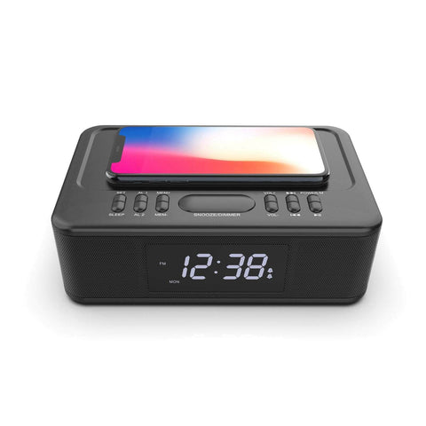 2-in-1 10W Wireless Charger & FM Radio Alarm Clock w/ USB/AUX