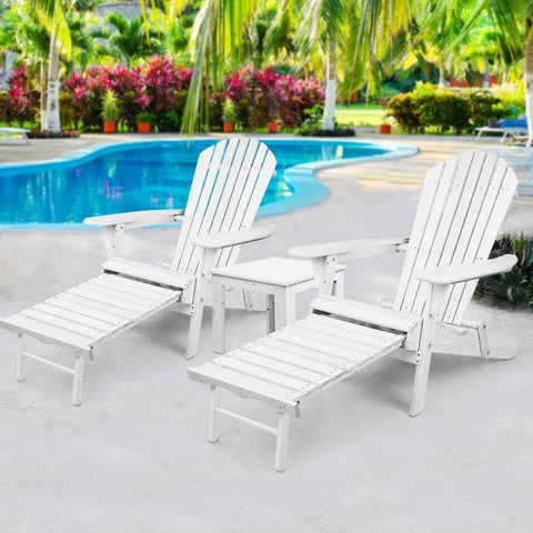 3 Piece Outdoor Adirondack Lounge Beach Chair Set - White