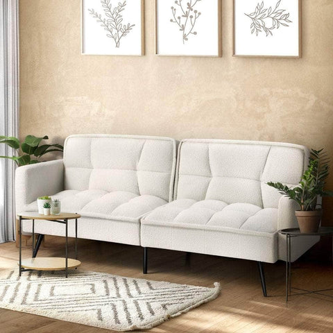 3-Seater Sofa Bed Convertible Boucle Sherpa Lounge Couch White