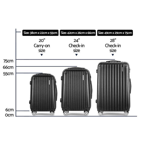3pc Black TSA Travel Luggage Set – Hard Case, Lightweight