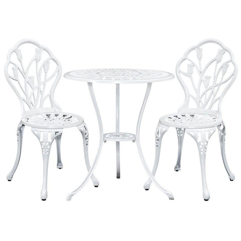 3PC Outdoor Setting Cast Aluminium Bistro Table Chair Patio White