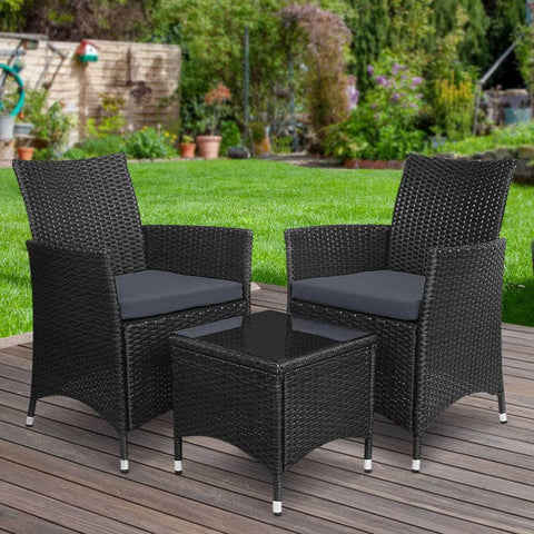 3pc Rattan Bistro Wicker Outdoor Furniture Set Black
