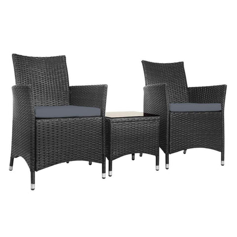 3Pc Outdoor Bistro Set Patio Furniture Wicker Chairs Table Cushion All Black