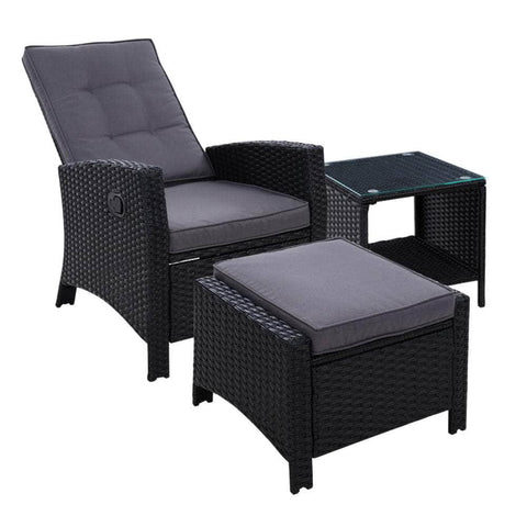 3Pc Recliner Chairs Table Sun Lounge Wicker Outdoor Furniture Black