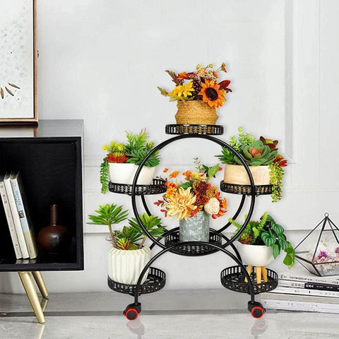 4 Layer 6 Pots Flower Holder Plant Stand Shelf With 4-Wheel (Black)