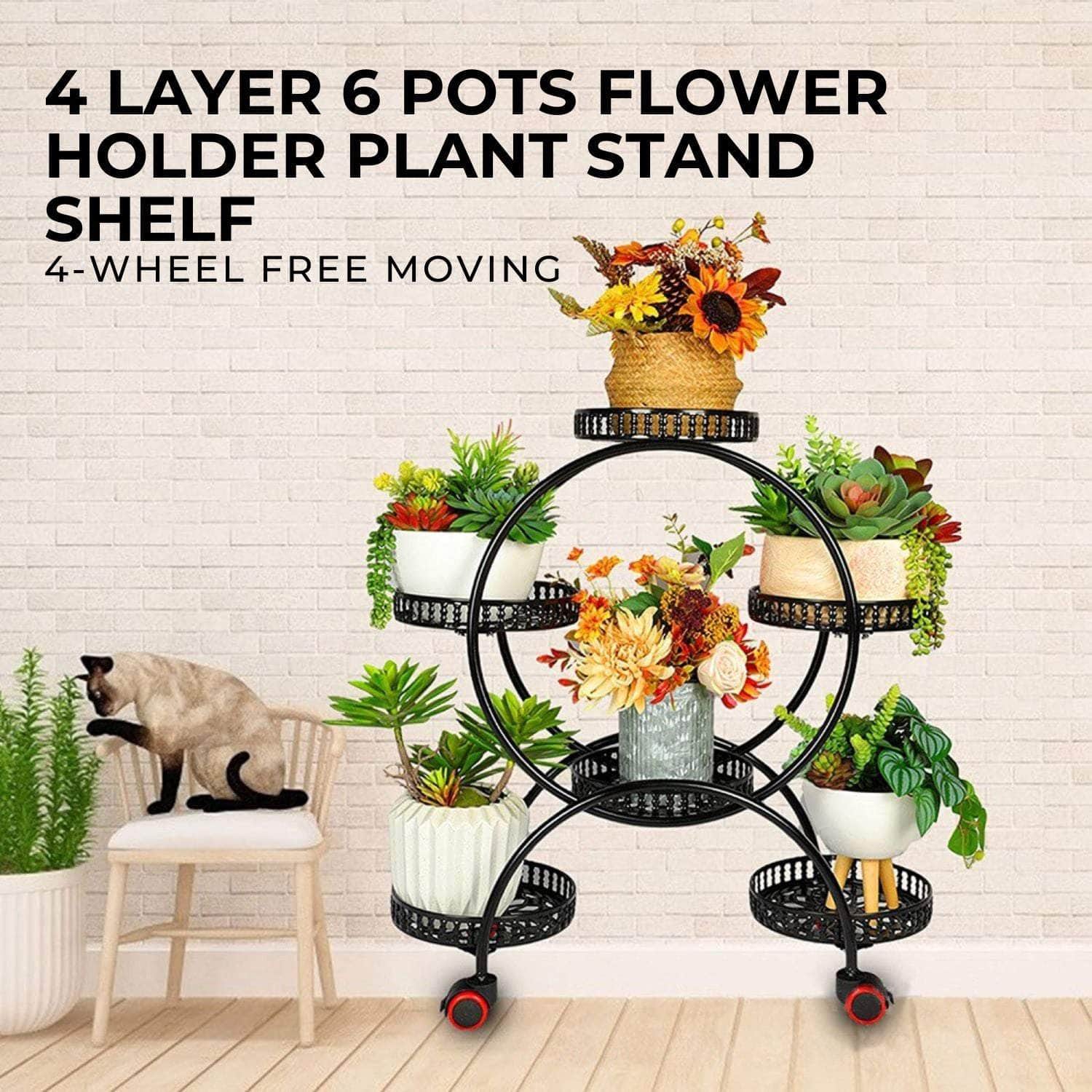 4 Layer 6 Pots Flower Holder Plant Stand Shelf With 4-Wheel (Black)