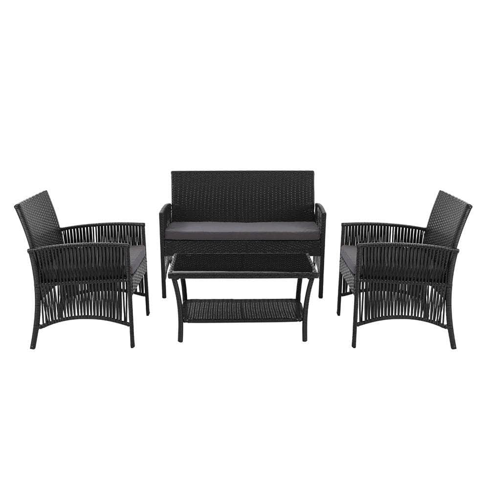 4Pcs Outdoor Sofa Set Wicker Harp Chair Table Garden Furniture Black