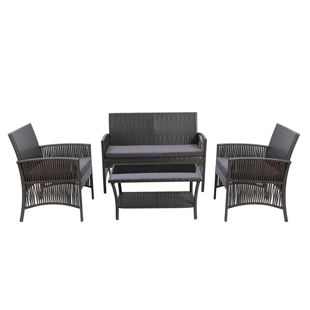 4Pcs Outdoor Sofa Set Wicker Harp Chair Table Garden Furniture Grey
