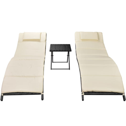 Folding Sun Loungers 2 pcs with Table Poly Rattan Black