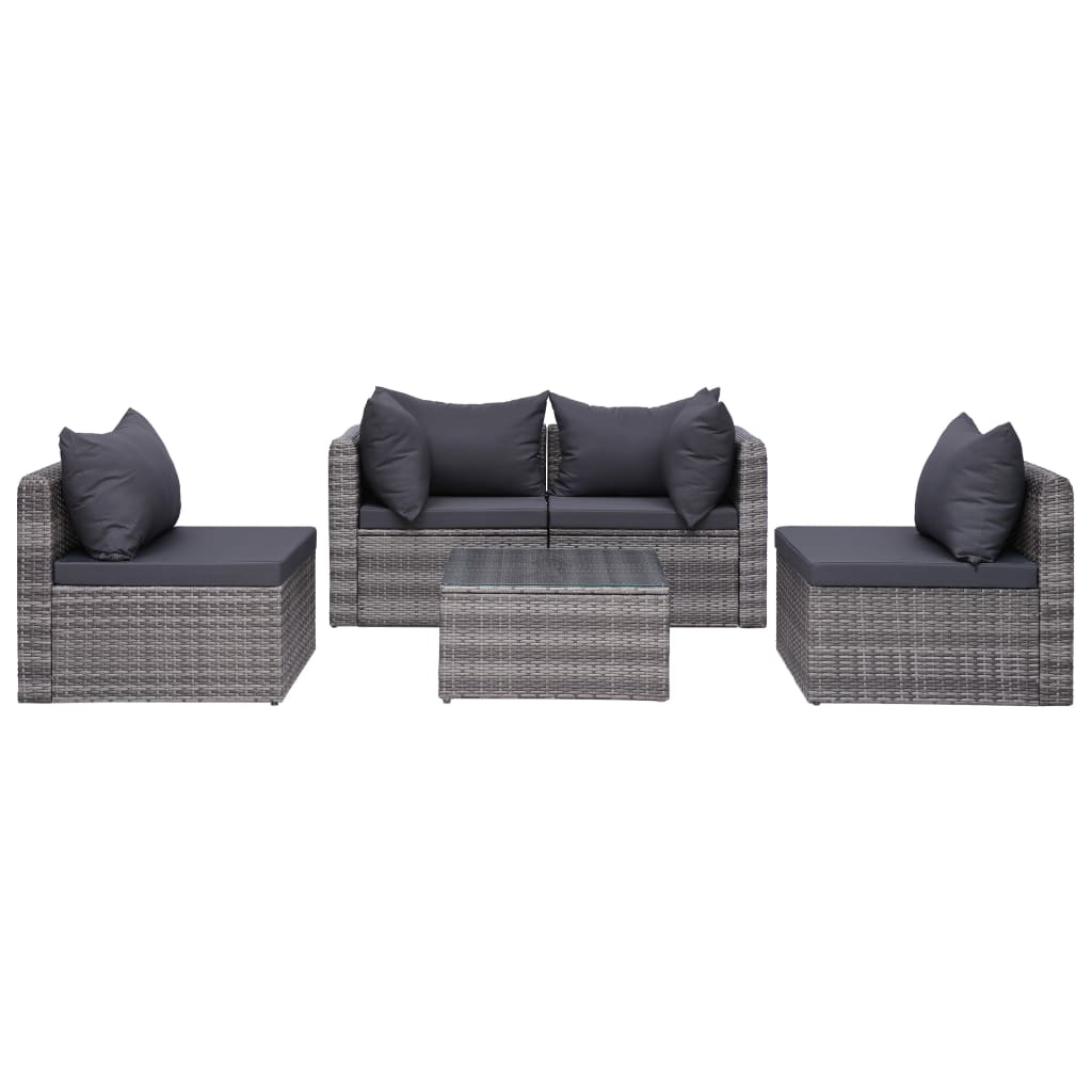5 Piece Garden Sofa Set with Cushions & Pillows Poly Rattan Grey