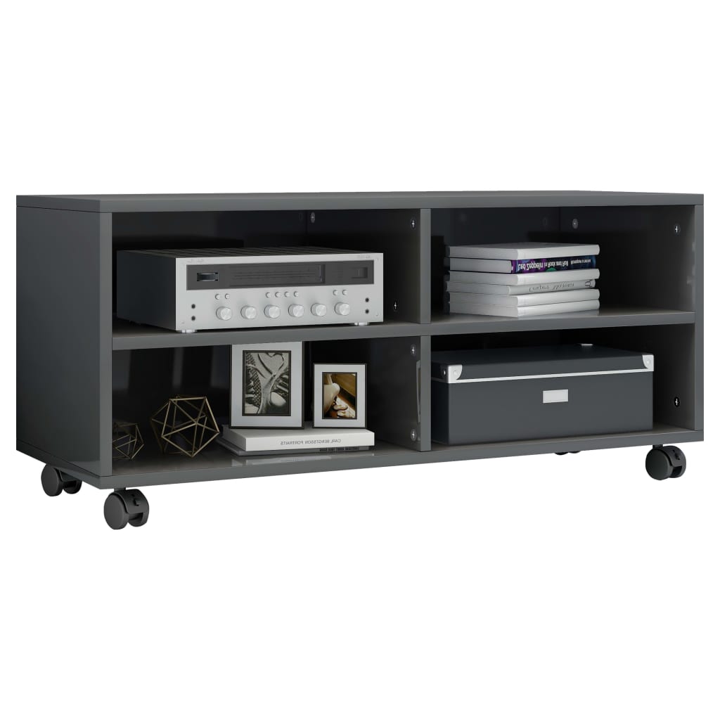 TV Cabinet with Castors High Gloss Grey Chipboard