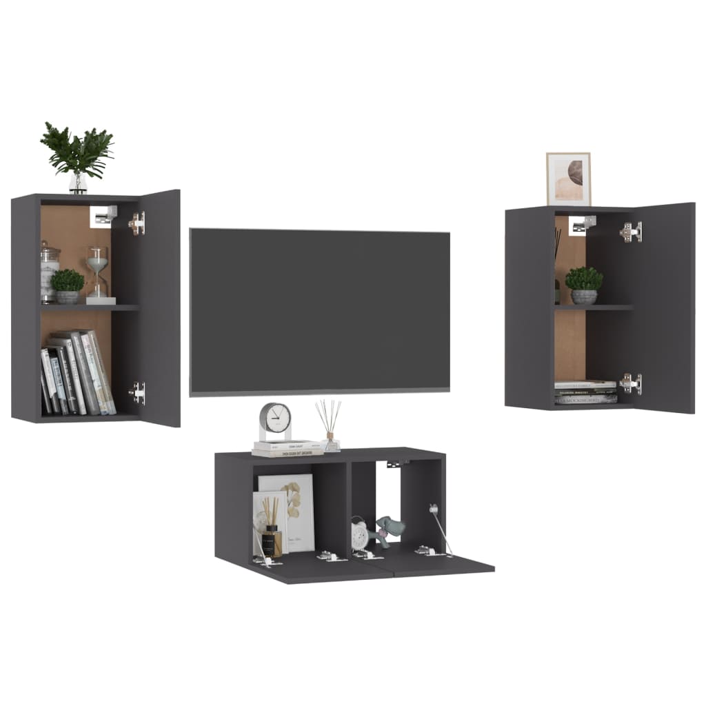 3 Piece TV Cabinet Set Grey Engineered Wood