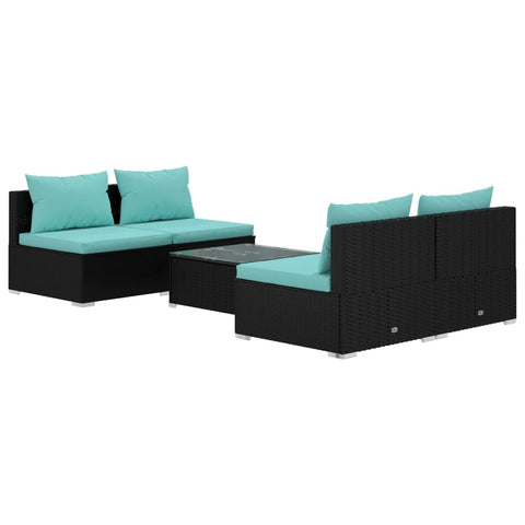 5 Piece Garden Lounge Set with Cushions Black Poly Rattan