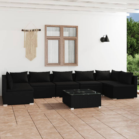 Noir Rattan Paradise: 8-Piece Black Poly Rattan Garden Lounge Set with Plush Cushions