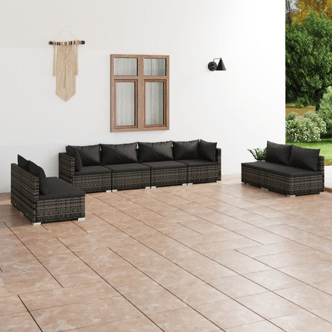 Grey Rattan : 8 Piece Garden Lounge Set with Plush Cushions