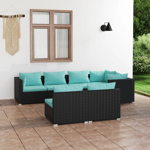 7 Piece Garden Lounge Set with Cushions Black Poly Rattan