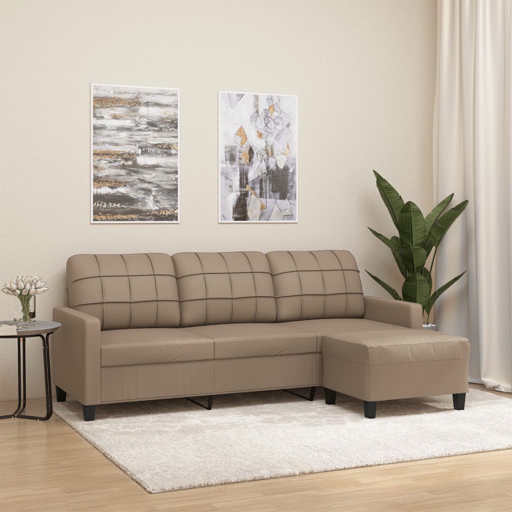 3 Seater Sofa with Footstool Black Faux Leather