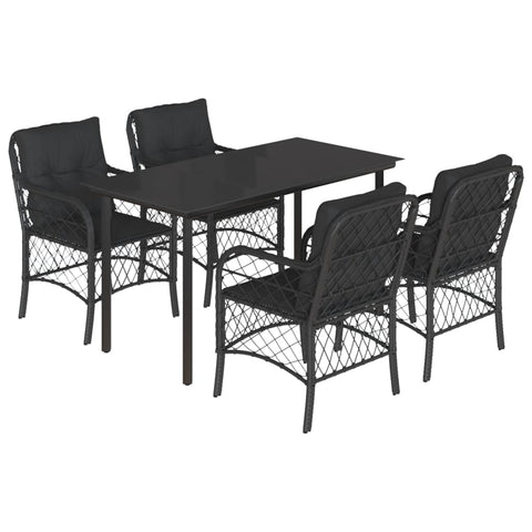 Shadow Haven: 5-Piece Outdoor Dining Set in Black Poly Rattan with Cushions