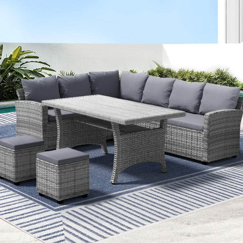 9-Seater Outdoor Dining Set Patio Furniture Wicker Lounge Table Chairs