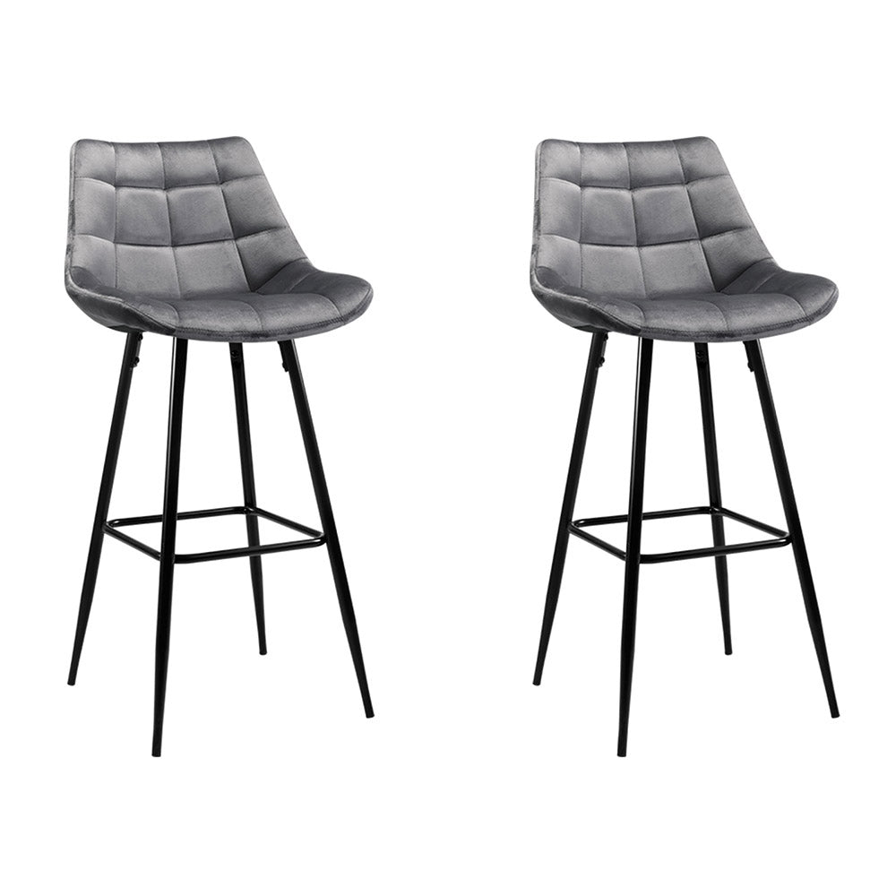 2X Bar Stools Velvet Chairs Grey
