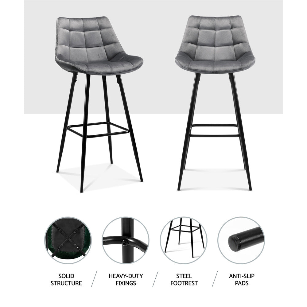 2X Bar Stools Velvet Chairs Grey