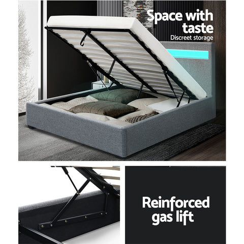 Bed Frame Double Size Led Gas Lift Grey Cole