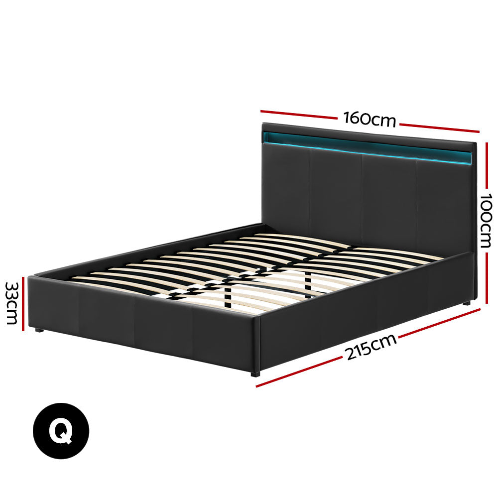 Bed Frame Queen Size Led Gas Lift Black Cole