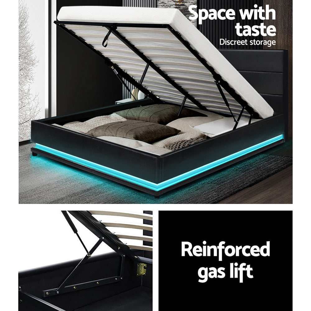 Bed Frame Double Size Led Gas Lift Black Lumi