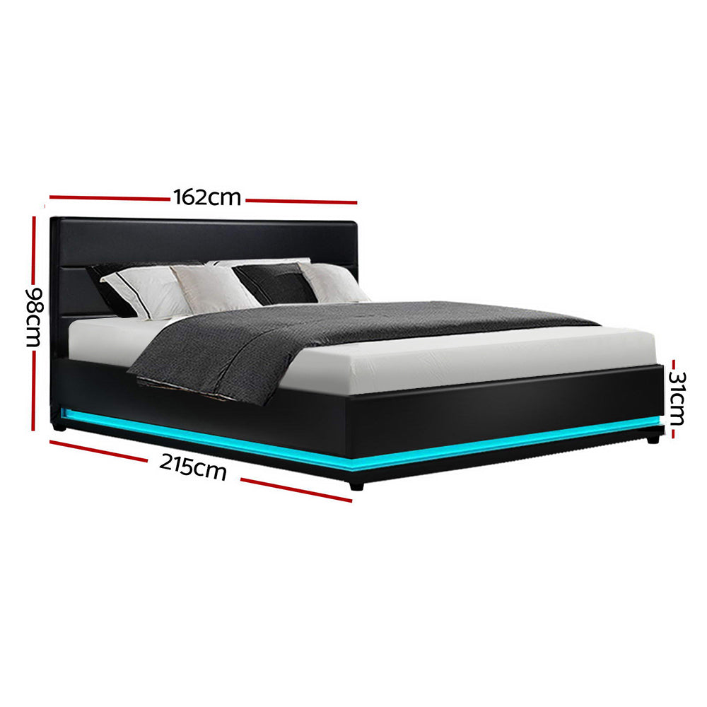 Bed Frame Queen Size Led Gas Lift Black Lumi