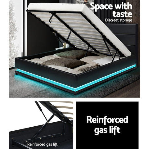 Bed Frame Queen Size Led Gas Lift Black Lumi