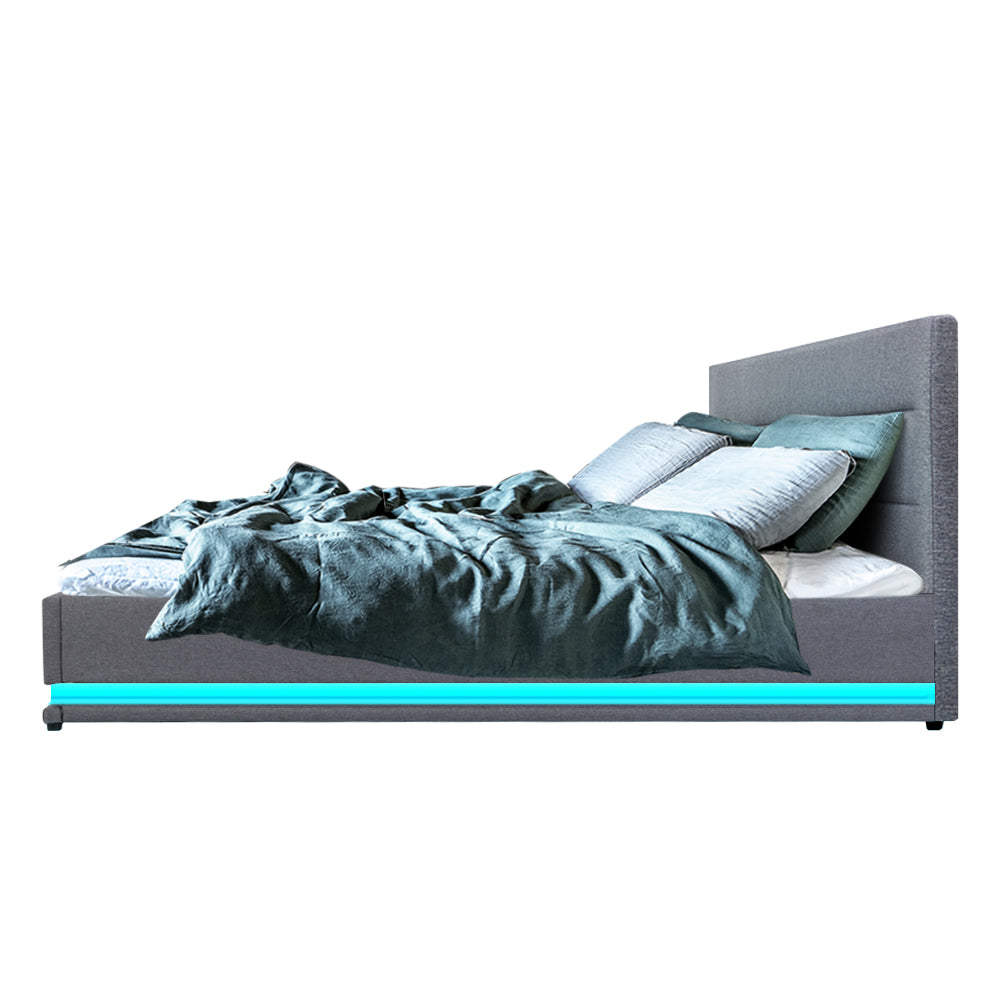 Bed Frame Queen Size Led Gas Lift Grey Lumi