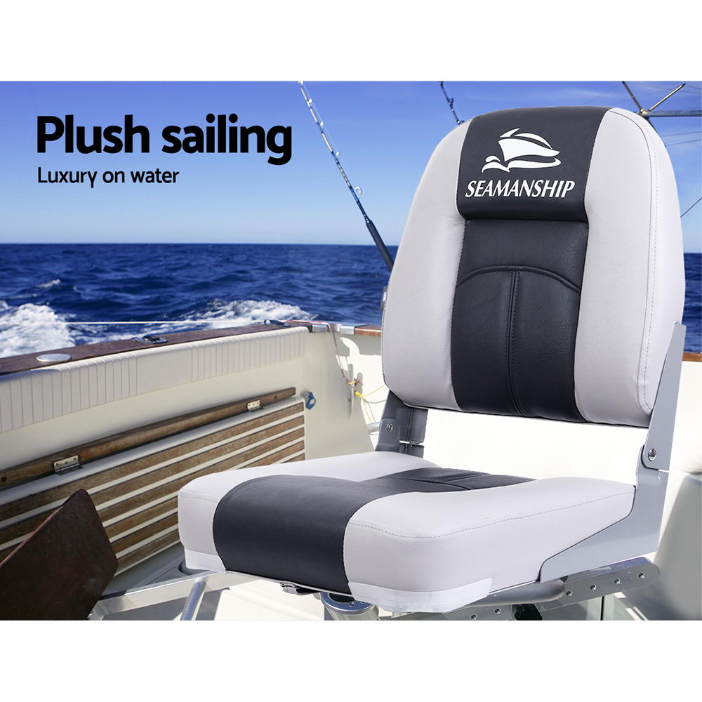 2X Folding Boat Seats Marine Swivel Low Back 10Cm Padding Charcoal