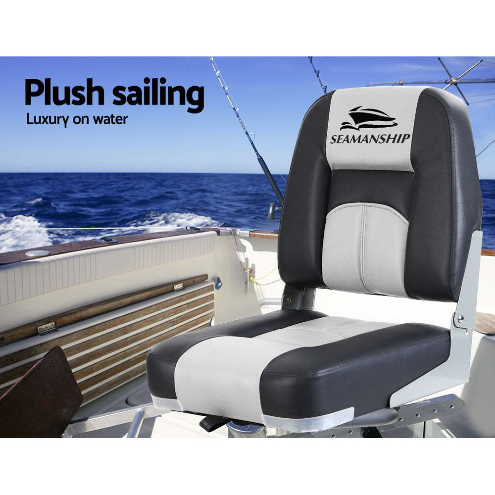 2X Folding Boat Seats Marine Seat Swivel Low Back 10Cm Padding Grey