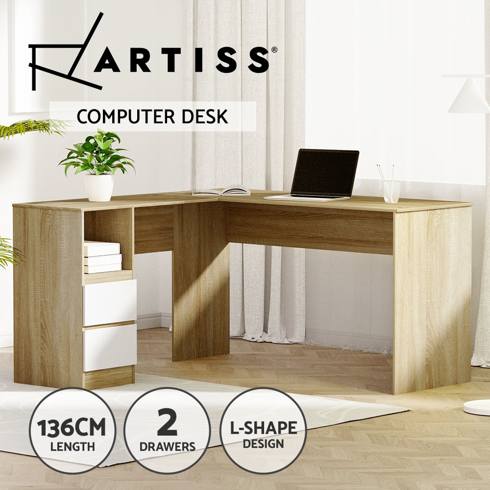 Computer Desk Drawer Cabinet L-Shape Oak 136Cm
