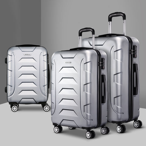 3Pc Luggage Trolley Travel Suitcase Set Tsa Hard Case Shell Strap Silver