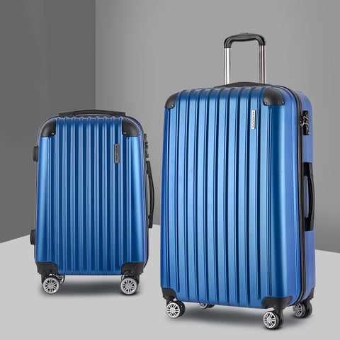 2Pc Blue Luggage Trolley Travel Set With Tsa Hard Case