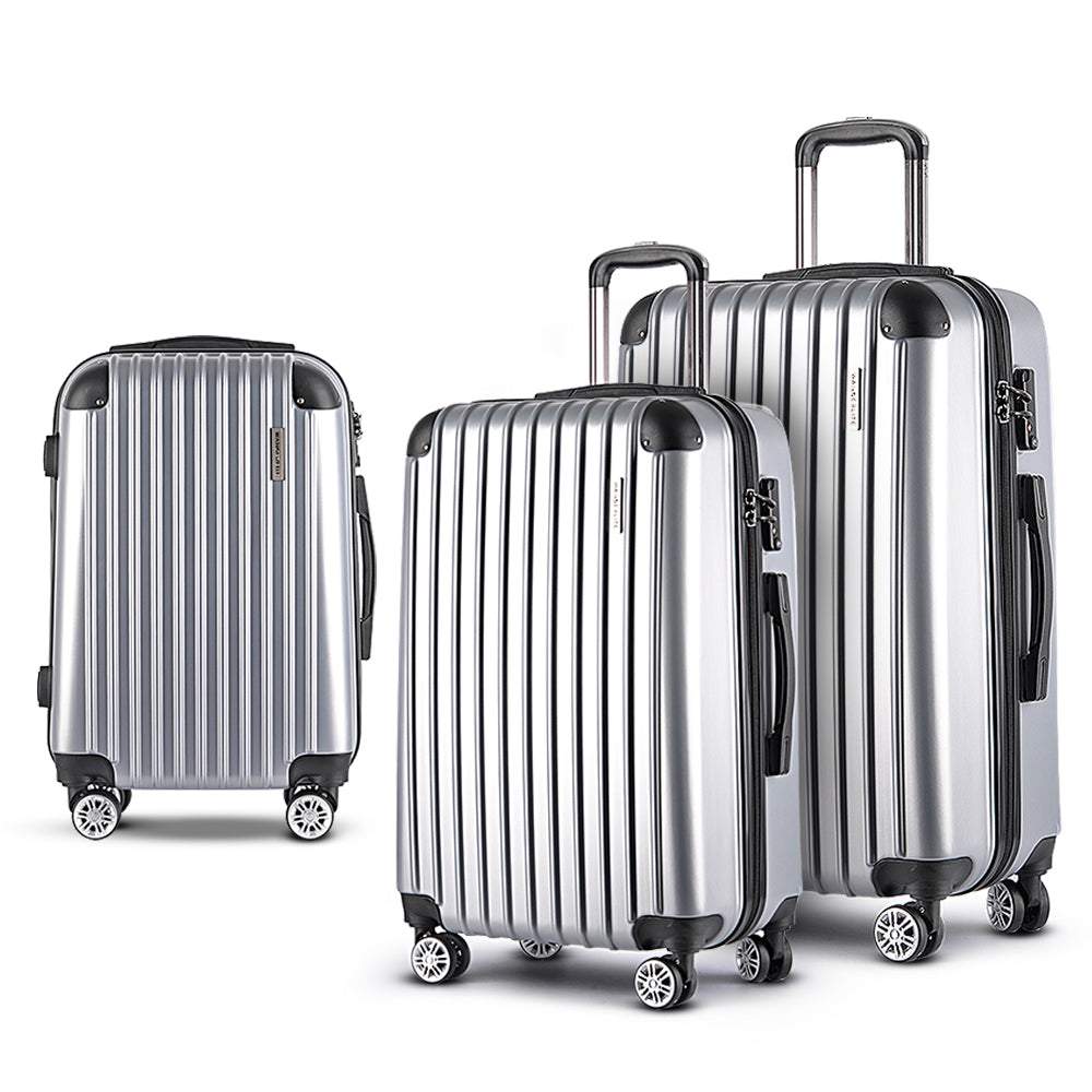 3Pc Silver Luggage Trolley Travel Set With Tsa Lock Hard Case
