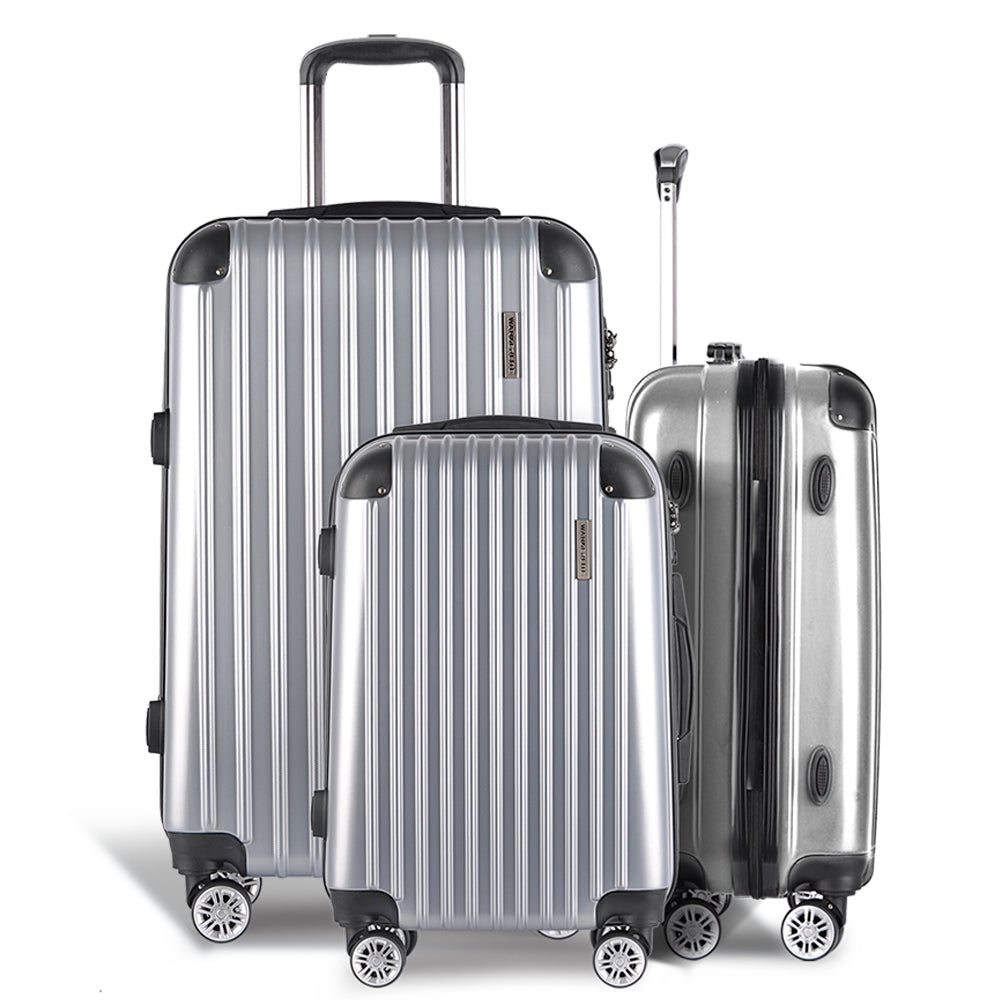 3Pc Silver Luggage Trolley Travel Set With Tsa Lock Hard Case