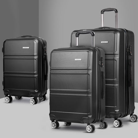 Black 3Pc Luggage Trolley Set With Tsa Hard Case