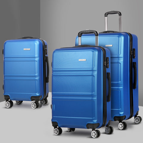 Blue 3Pc Luggage Trolley Set With Tsa Hard Case