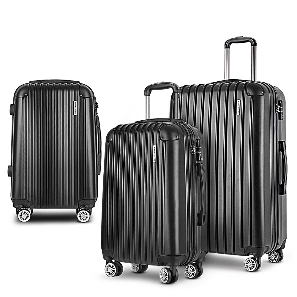 Black 3Pcs Luggage Trolley Set With Tsa Hard Case