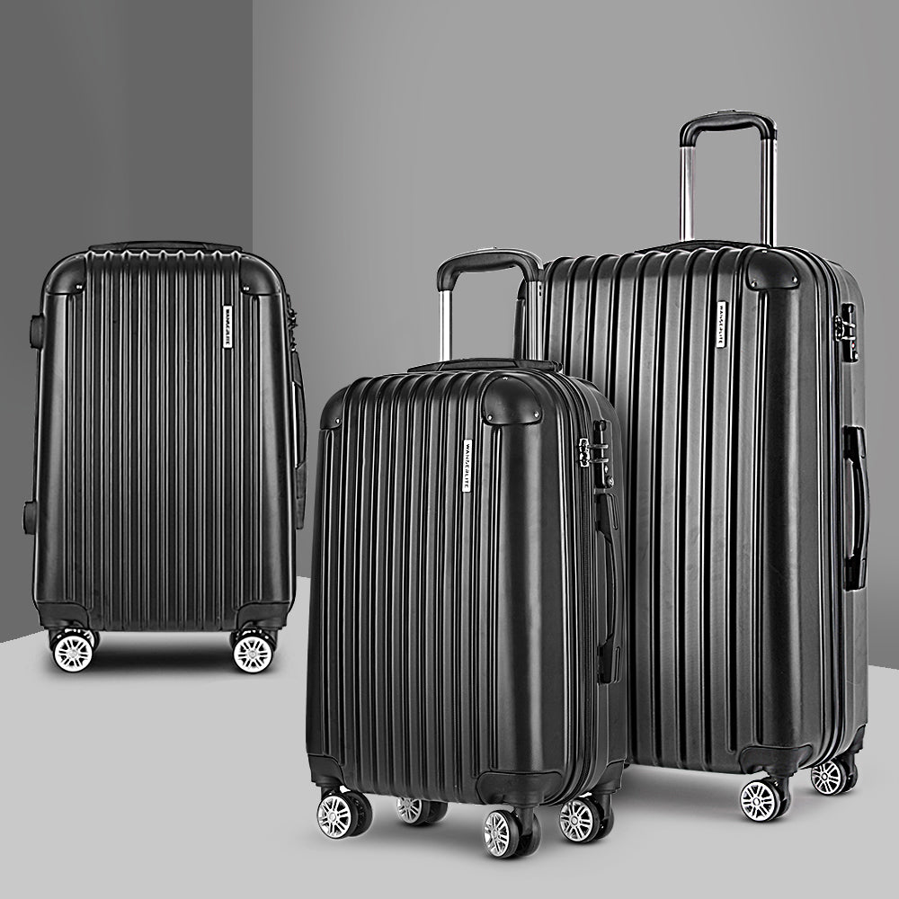 Black 3Pcs Luggage Trolley Set With Tsa Hard Case