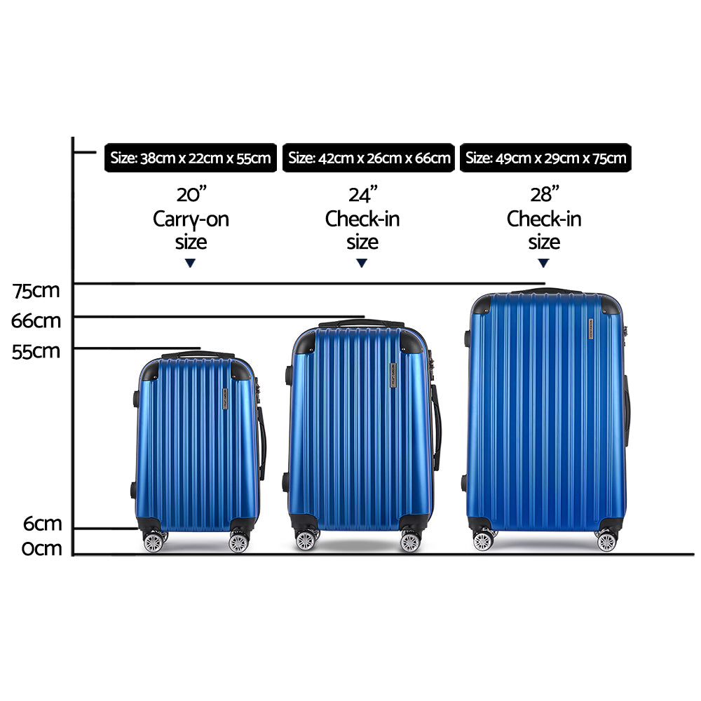 Blue 3Pcs Luggage Trolley Set With Tsa Hard Case