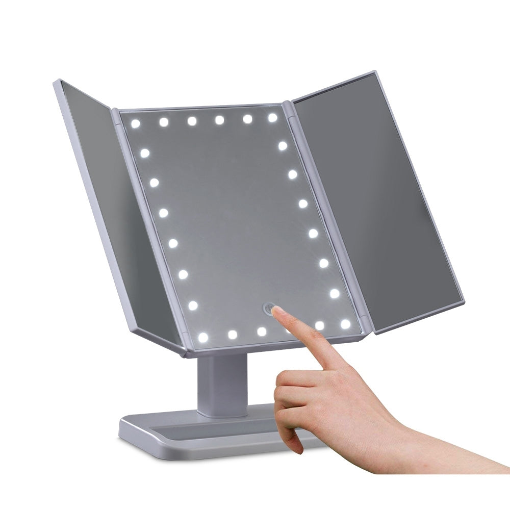 Makeup Mirror With 24 Led Light Tri-Fold Dimmable Tabletop Storage
