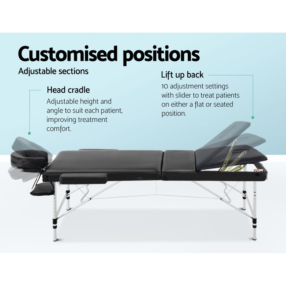 Massage Table 70Cm Portable 3 Fold Aluminium Beauty Bed Black