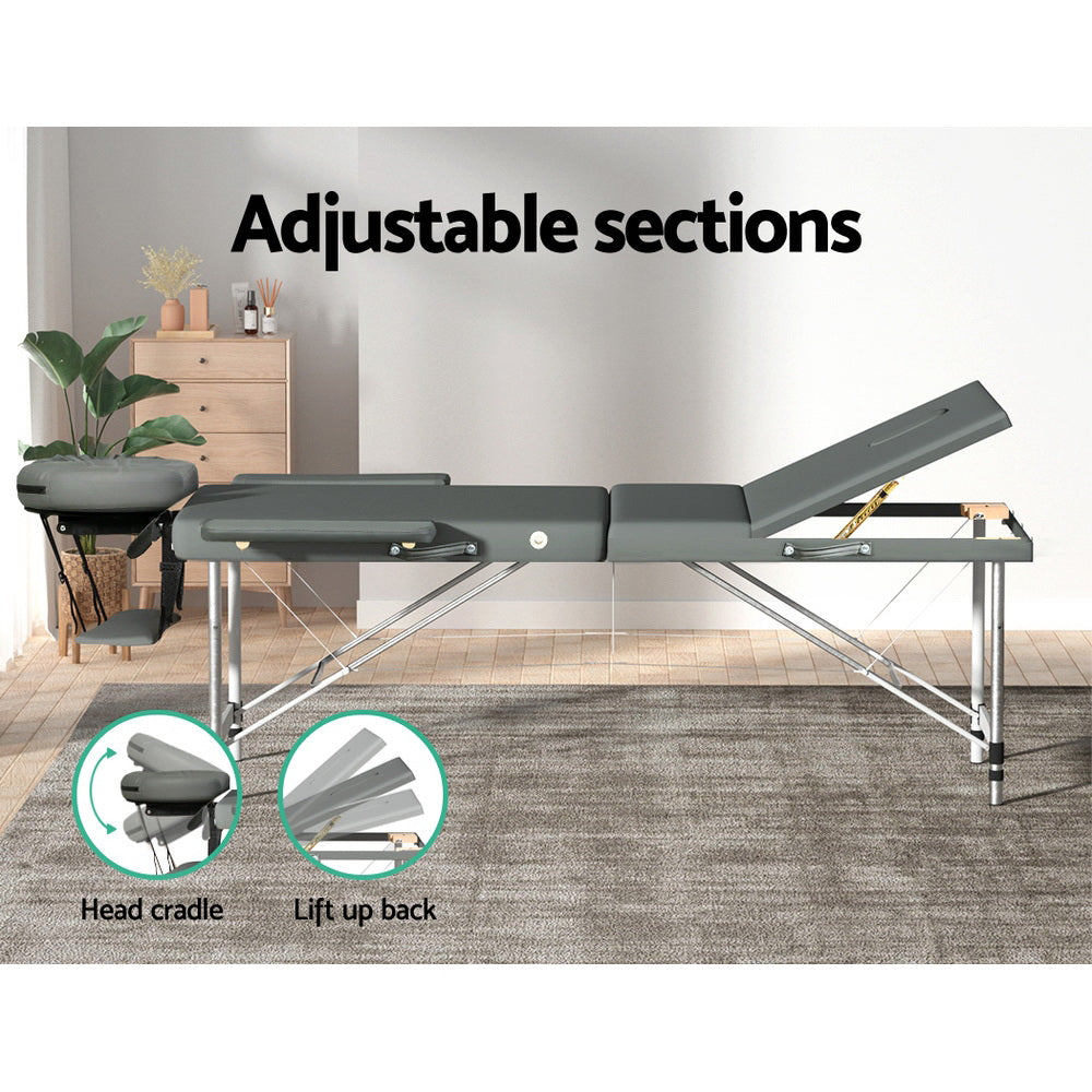 Massage Table 75Cm Portable 3 Fold Aluminium Beauty Bed Grey