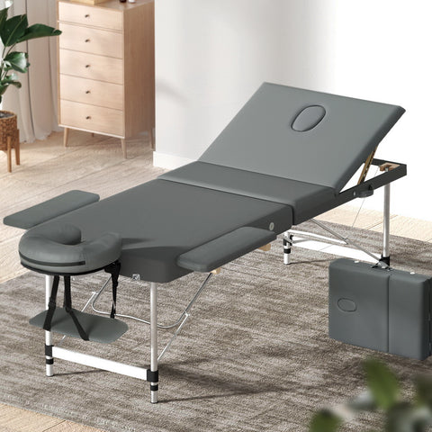 Massage Table 75Cm Portable 3 Fold Aluminium Beauty Bed Grey