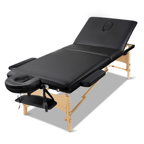 Massage Table 70Cm Portable 3 Fold Wooden Beauty Bed Black