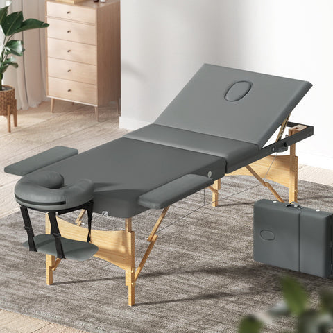 Massage Table 75Cm Portable 3 Fold Wooden Beauty Bed Grey